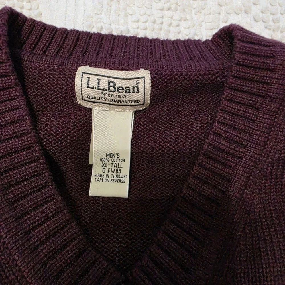 Vintage LL Bean Sweater Mens XL Tall Burgundy Ribbed Trims Pullover V-Neck Knit